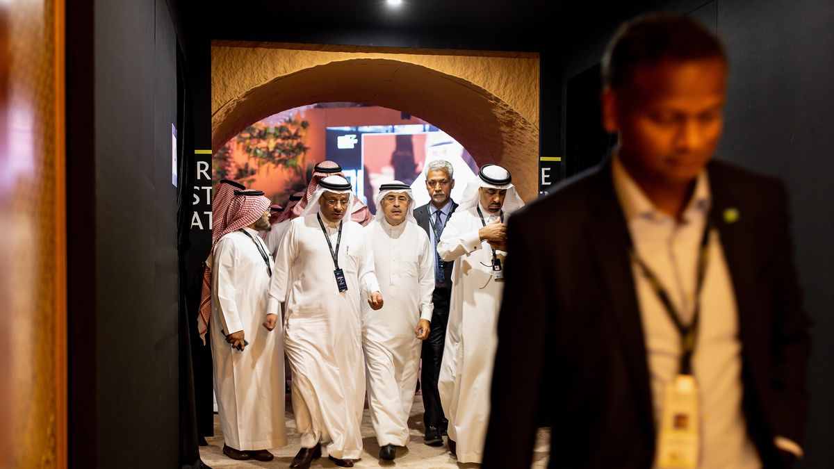 Amin Nasser, chief executive officer of Saudi Aramco, center, on day two of the Future Investment Initiative (FII) conference in Riyadh, Saudi Arabia, on Wednesday, Oct. 26, 2022. Saudi Arabia hopes the FII will put Riyadh on the map as a global destination for deals, while also improving domestic investment, which has been limited. Photographer: Tasneem Alsultan/Bloomberg via Getty Images