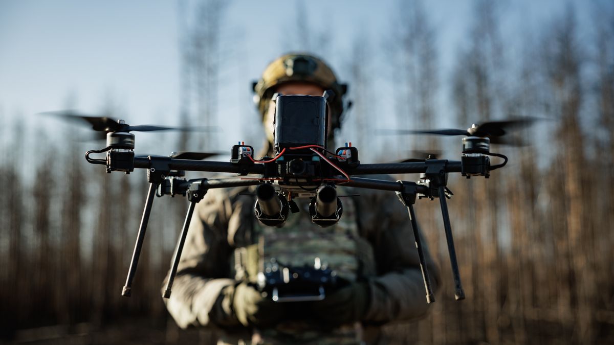 DONETSK OBLAST, UKRAINE - FEBRUARY 10: Ukrainian soldiers of Separate Presidential Brigade "Hetman Bohdan Khmelnytskyi" test a drone to hunt Russian drones on February 10, 2025 in Donetsk Oblast, Ukraine. At the bottom of the drone, guiding tubes are attached - smoothbore guns that shoot at enemy drones in flight. (Photo by Serhii Mykhalchuk/Global Images Ukraine via Getty Images)