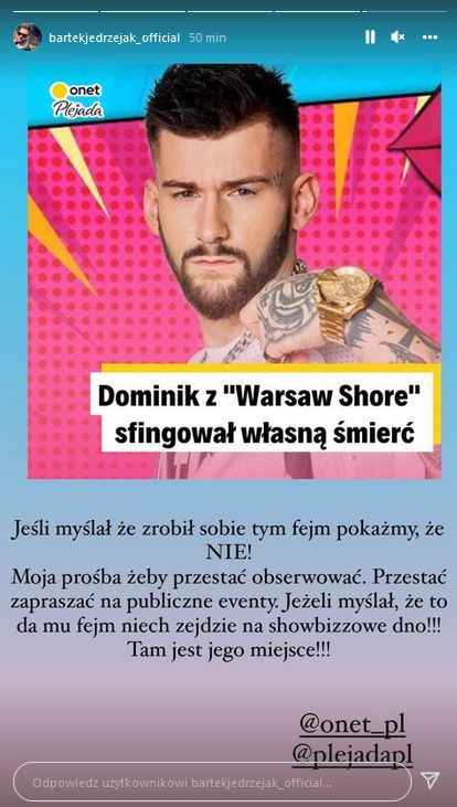 Bartek Jędrzejak oburzony sfingowaną śmiercią uczestnika "Warsaw Shore"