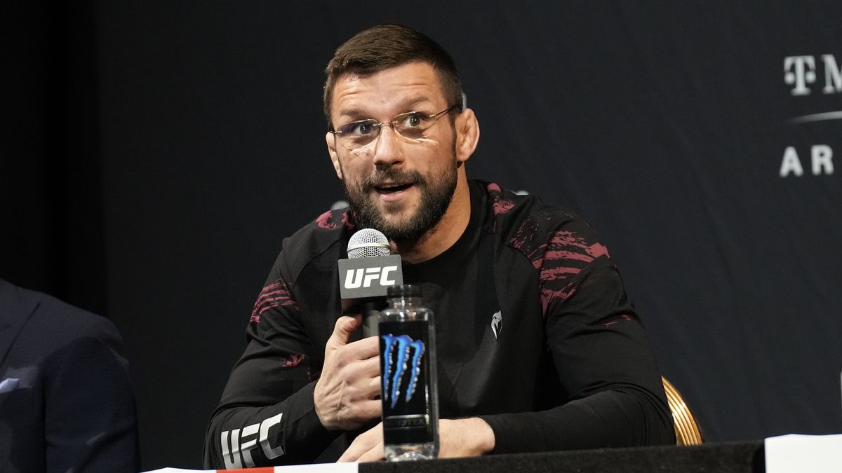 LAS VEGAS, NV - March 2: Mateusz Gamrot speaks with the press and the fans at MGM KA Arena for UFC 285 -Jones vs Gane : Press Conference on March 2, 2023 in Las Vegas, NV, United States. (Photo by Louis Grasse/PxImages/Icon Sportswire via Getty Images)