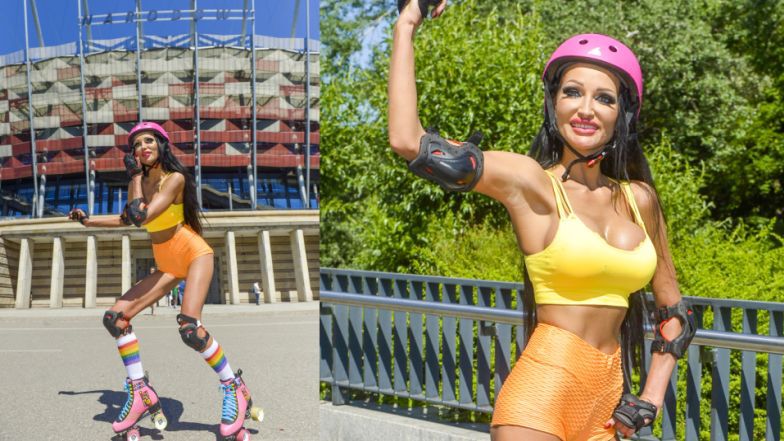 Małgorzata Godlewska na wrotkach pod Szpitalem Narodowym