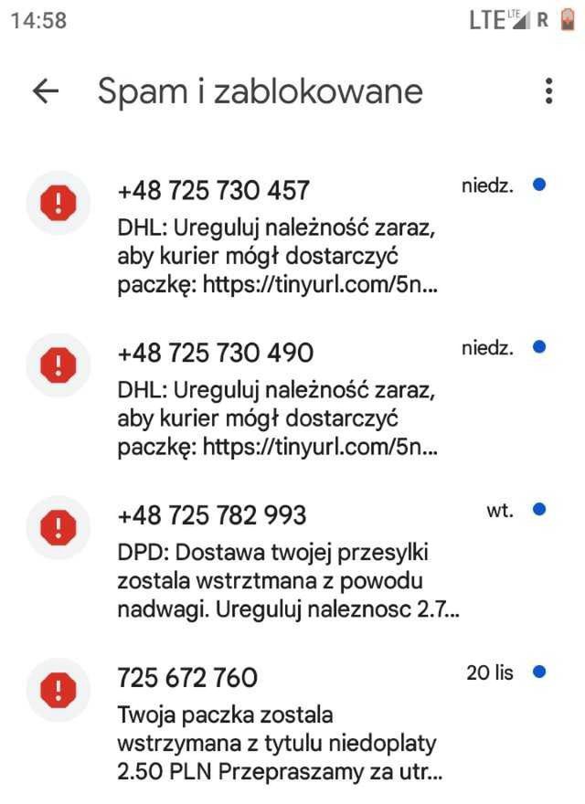 Przykładowe, fałszywe SMS-y