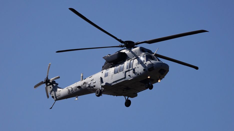 A South Korean Marine Corps. KUH-1 Surion utility helicopter, manufactured by Korea Aerospace Industries Ltd. (KAI), during the media day of the Seoul International Aerospace & Defense Exhibition (ADEX) at Seoul Air Base in Seongnam, South Korea, on Monday, Oct. 16, 2023. The defense exhibition showcased the country's high-tech military hardware that has been much in demand since Russia's full-scale invasion of Ukraine. Photographer: SeongJoon Cho/Bloomberg via Getty Images