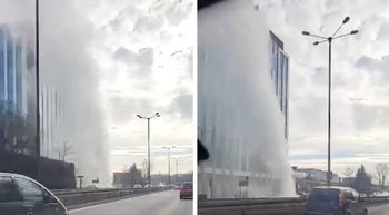 Awaria sieci ciepłowniczej w Krakowie. Słup pary wyższy od budynków