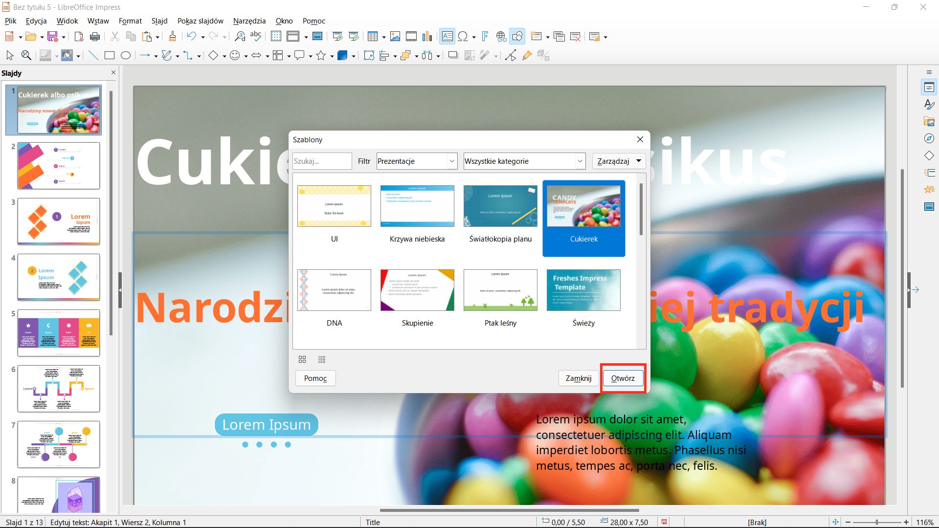 Libre Office Impress oferuje wiele różnych szablonów prezentacji.