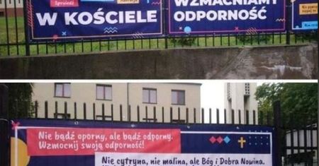 Koronawirus. Katowice. Kontrowersyjne banery na płocie kościoła