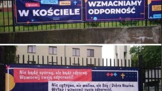 Koronawirus. Karowice. Na płocie jednego z kościołów zawisły banery z kontrowersyjnymi hasłami 