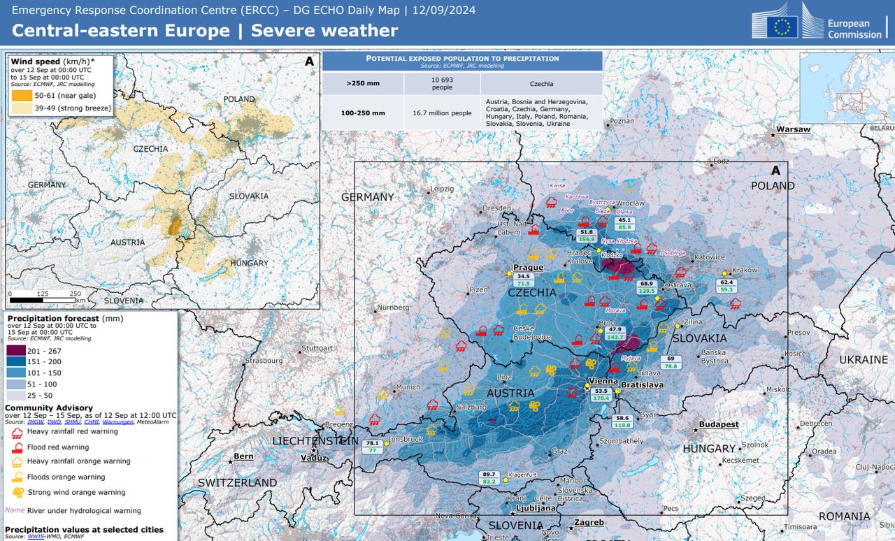 Mapa z ostrzeżeniami dotyczącymi powodzi