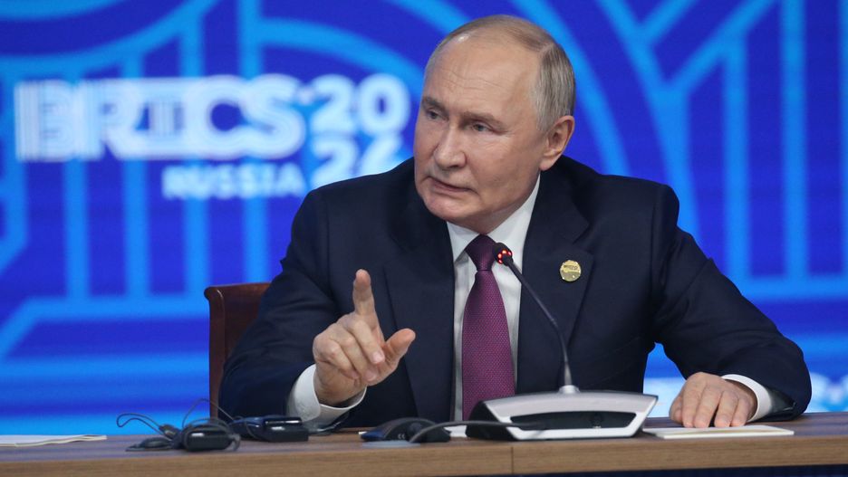 KAZAN, RUSSIA - OCTOBER 24:  (RUSSIA OUT) Russian President Vladimir Putin gestures during his press conference at the BRICS Leader's Summit on October 24, 2024 in Kazan, Tatarstan Republic, Russia. Putin and representatives of 30 countries have gathered in Kazan for the 16th BRICS Summit, taking place from October 22-24.  (Photo by Contributor/Getty Images)