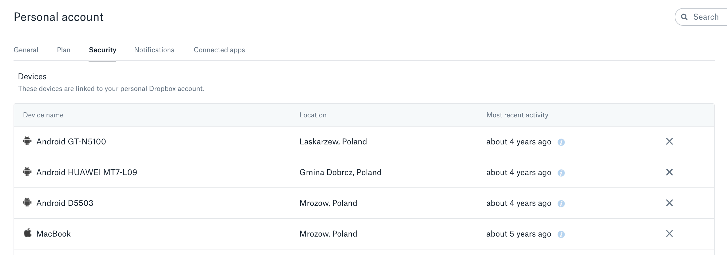 Lista urządzeń połączonych z kontem Dropbox – to tu można usunąć powiązane urządzenia