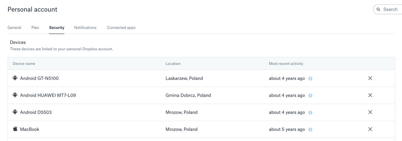 Lista urządzeń połączonych z kontem Dropbox – to tu można usunąć powiązane urządzenia