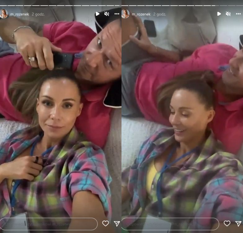 Małgorzata Rozenek leży na kanapie z plakietą "Dzień dobry TVN"
