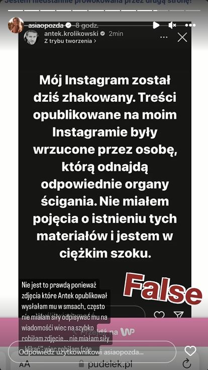 Joanna Opozda komentuje rzekomy atak hakerski na konto Antka Królikowskiego