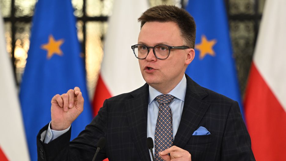 Warszawa, 24.01.2024. Marszałek Sejmu Szymon Hołownia na konferencji prasowej w Sejmie w Warszawie, 24 bm. (aldg) PAP/Radek Pietruszka