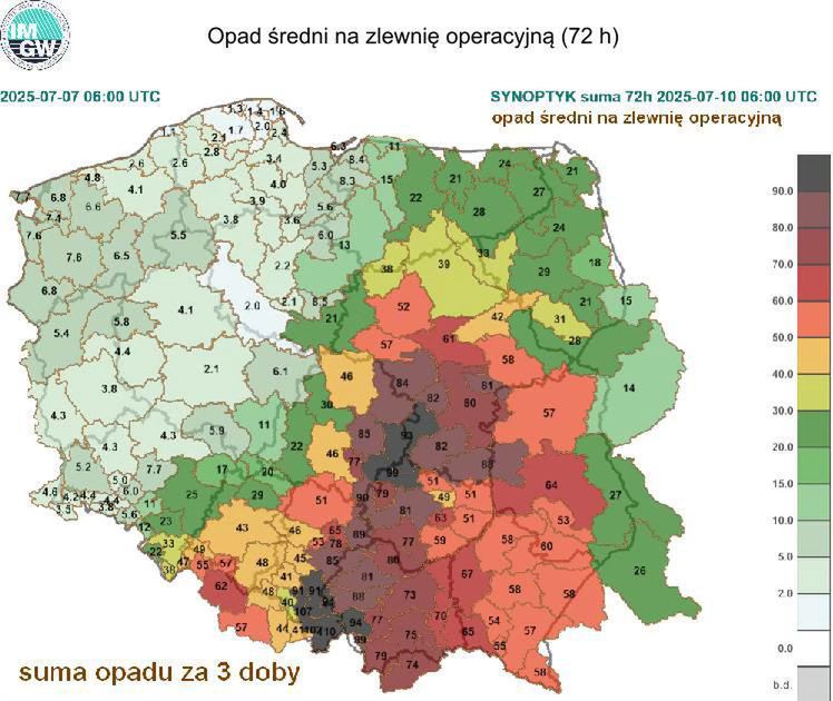 Prognoza średniej wysokości opadu w ciągu 72 godzin 
