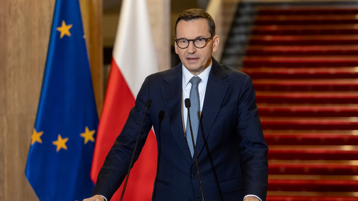 Polish Prime Minister Mateusz Morawiecki during press conference in Warsaw, Poland on September 29, 2023. (Photo by Foto Olimpik/NurPhoto via Getty Images)