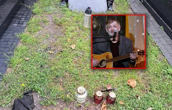 Kawałek materiału na grobie Macieja Zembatego. Bardzo smutny widok