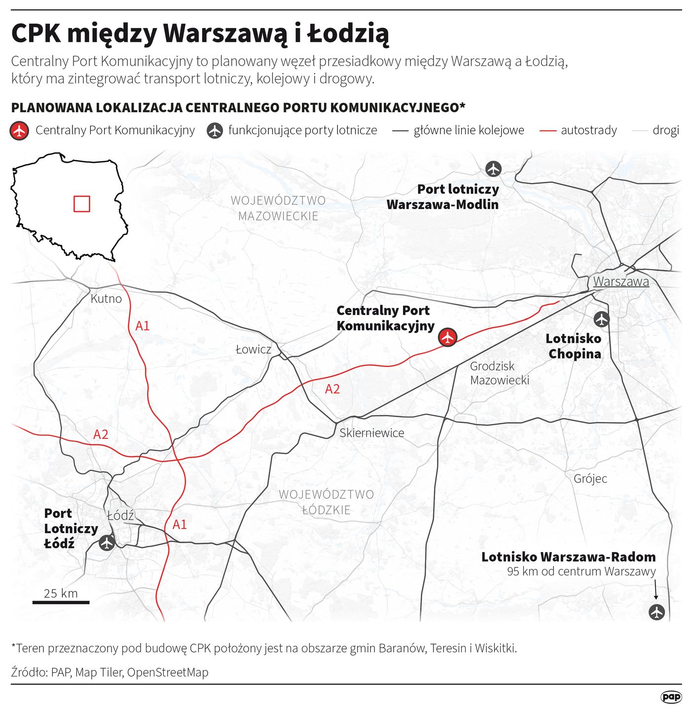 Lokalizacja CPK między Warszawą i Łodzią