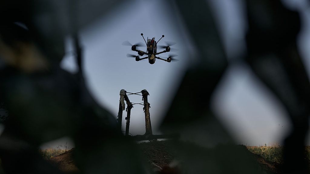 Anti-aircraft Unit Uses FPV Drones To Take Down Russian Reconnaissance DevicesDONETSK REGION, UKRAINE - JULY 18: A kamikaze drone takes off as the air defense unit of the 28th Mechanised Brigade, named after Knights of the Winter Campaign, search for Russian reconnaissance devices using anti-aircraft FPV drones to intercept them on July 18, 2025 in Donetsk Region, near Kostiantynivka Frontline, Ukraine. (Photo by Kostiantyn Liberov/Libkos/Getty Images)Libkos