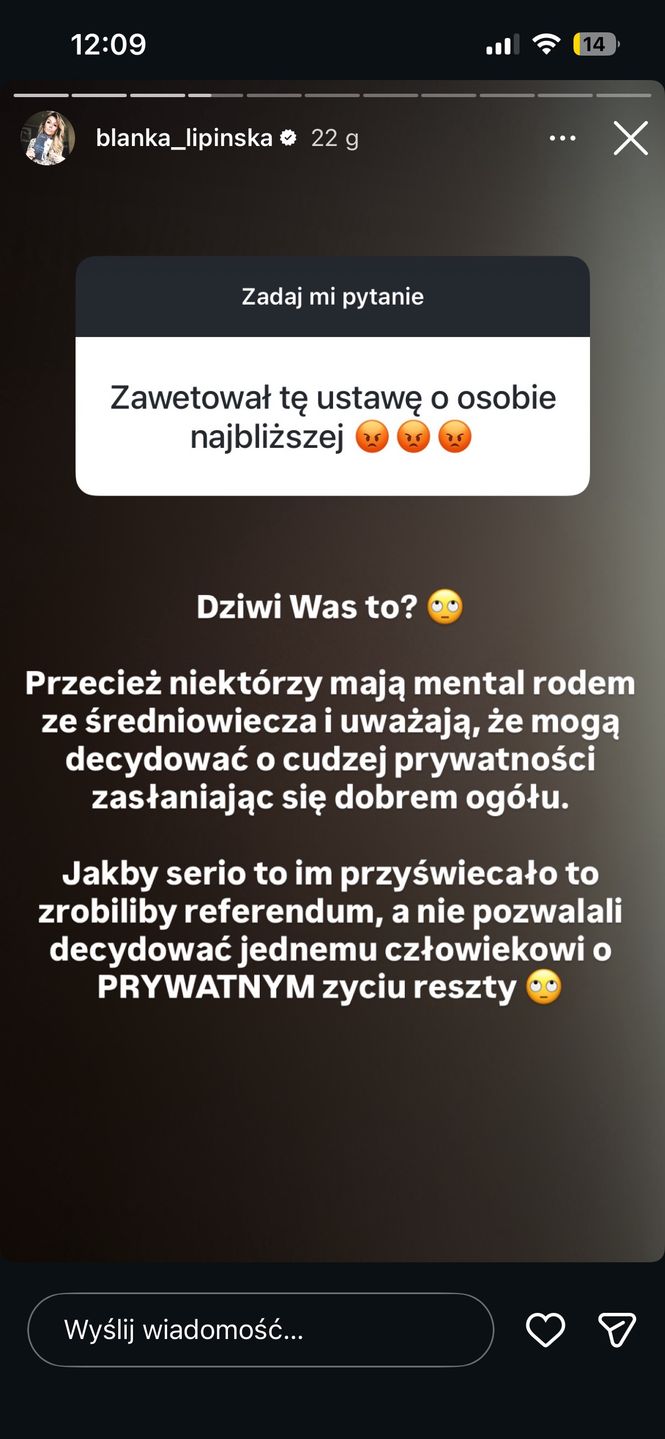 Blanka Lipińska komentuje weto prezydenta