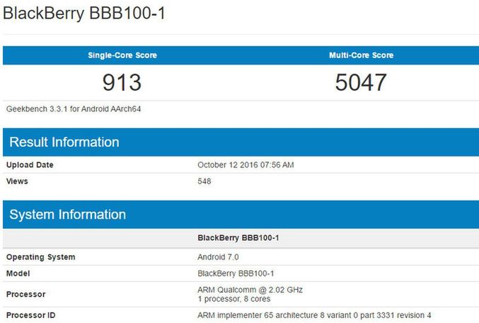 BlackBerry Mercury w bazie Geekbench