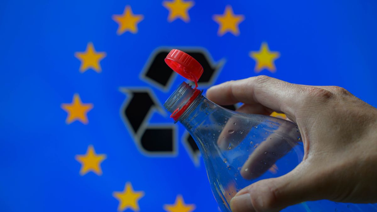A plastic soda bottle with an attached cap (tethered cap) is being shown as per new EU regulations in Brussels, Belgium, on July 8, 2024. (Photo by Jonathan Raa/NurPhoto via Getty Images)