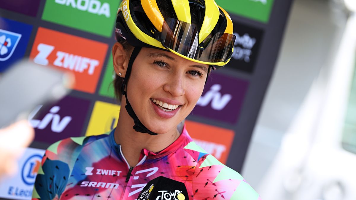 PLANCHE DES BELLES FILLES, FRANCE - JULY 31: Katarzyna Niewiadoma of Poland and Team Canyon//SRAM Racing meets the media press at start prior to the 1st Tour de France Femmes 2022, Stage 8 a 123,3km stage from Lure to La Super Planche des Belles Filles / #TDFF / #UCIWWT / on July 31, 2022 in Planche des Belles Filles, France. (Photo by Dario Belingheri/Getty Images)