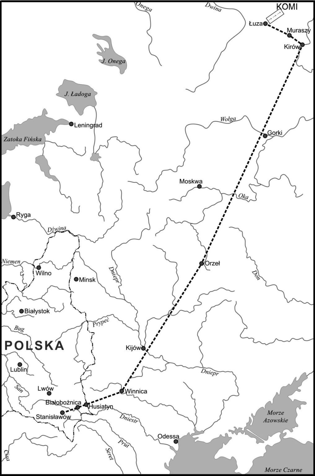 Trasa jaką przebyli Mariampolscy na Sybir. Mapa z książki Karolina Kaczorowska. Pierwsza Dama Emigracji