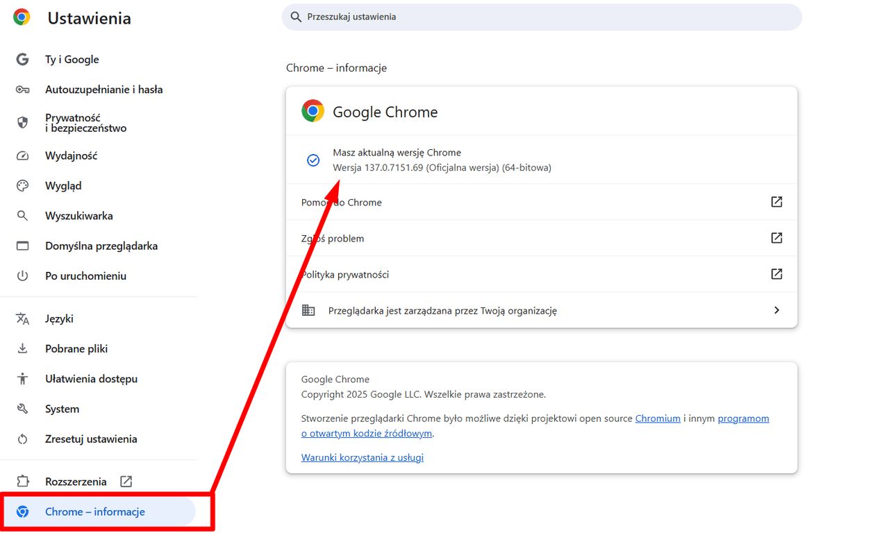 Sprawdzenie aktualizacji w Google Chrome