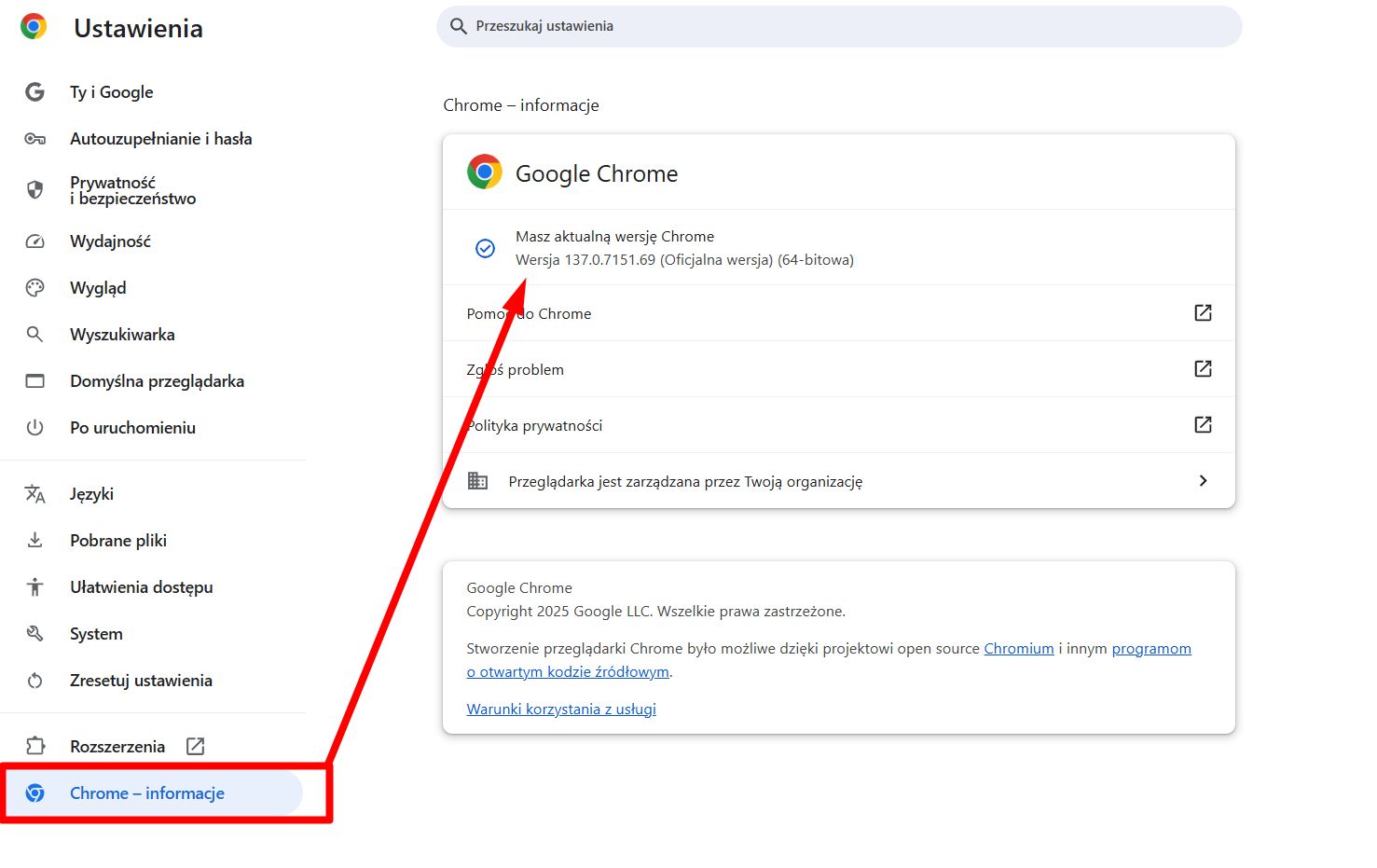 Sprawdzenie aktualizacji w Google Chrome