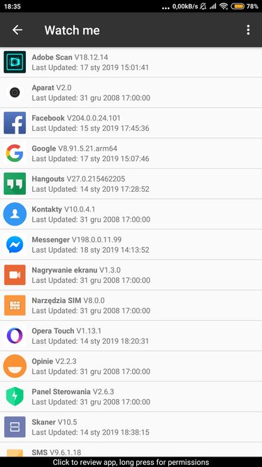 Lista aplikacji, które mogą mnie obserwować… czyli mają dostęp do aparatu