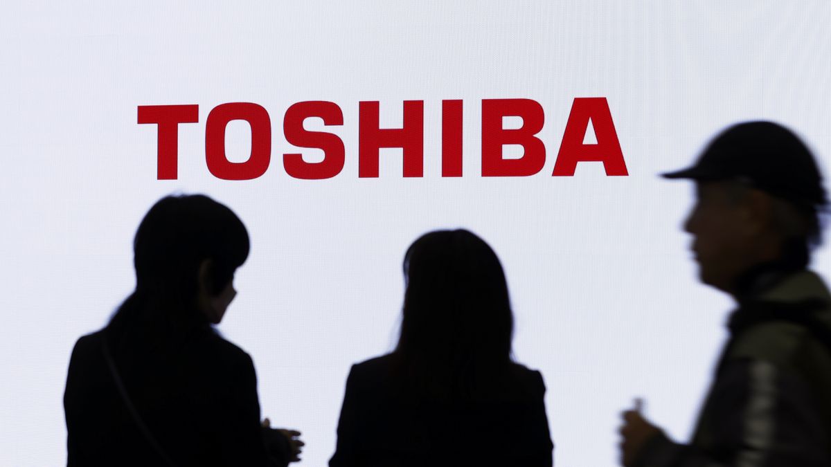 The Toshiba Corp. logo on a screen at the Combined Exhibition of Advanced Technologies (Ceatec) in Chiba, Japan, on Tuesday, Oct. 17, 2023. Ceatec, the annual information technology and electronics trade show, will run through Oct. 20. Photographer: Kiyoshi Ota/Bloomberg via Getty Images