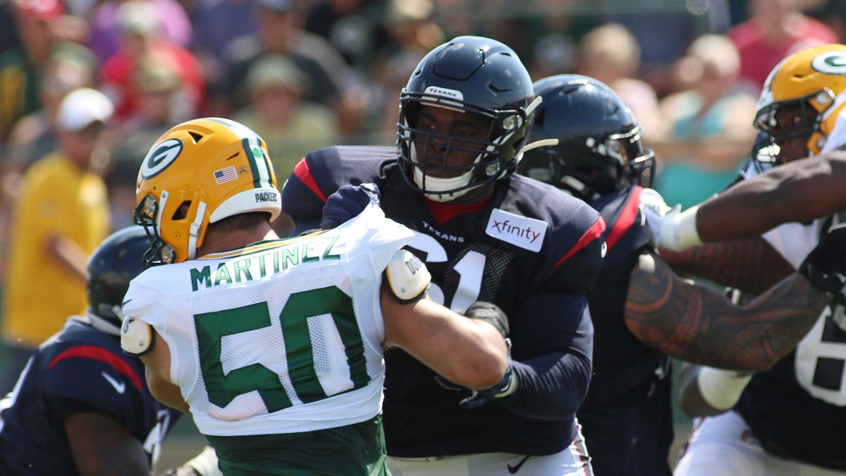 ASHWAUBENON, WI - AUGUST 05: Houston Texans offensive guard Maurquice Shakir (61) blocks Green Bay Packers linebacker Blake Martinez (50) during a joint practice of the Green Bay Packers and the Houston Texans at Ray Nitschke Field on August 5, 2019 in Ashwaubenon, WI. (Photo by Larry Radloff/Icon Sportswire via Getty Images)