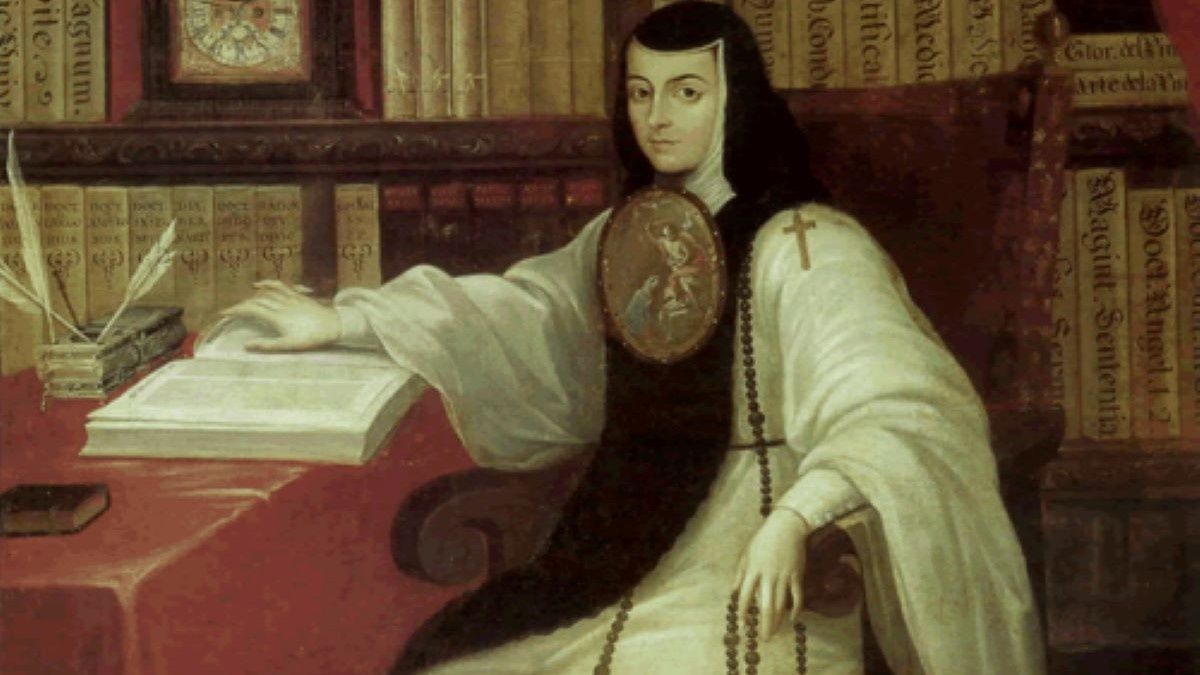 Sor Juana Inés de la Cruz w bibliotece na pośmiertnym portrecie namalowanym około 1750 roku przez Miguela Cabrerę.