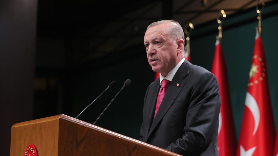 ANKARA, TURKIYE - MAY 23: Turkish President Recep Tayyip Erdogan speaks during a press conference after the cabinet meeting at the Presidential Complex in Ankara, Turkiye on May 23, 2022. (Photo by Mustafa Kamaci/Anadolu Agency via Getty Images)