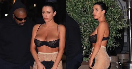 Bianca Censori w koronkowym biustonoszu i prześwitujących rajstopach kroczy obok zakapturzonego Kanye Westa (ZDJĘCIA)