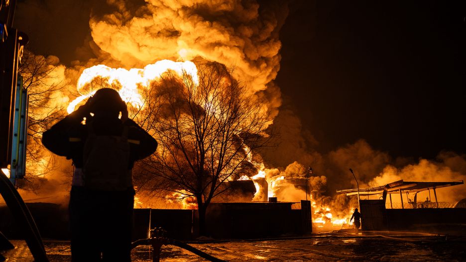 Russian Army Attacked Kharkiv With Drones At Night
KHARKIV, UKRAINE - FEBRUARY 10: Firefighters extinguish a fire at an oil depot following a Russian kamikaze drones strike on February 10, 2024 in Kharkiv, Ukraine. In the Nemyshlyanskyi district of Kharkiv, the Russian kamikaze drones hit a critical infrastructure facility. As a result of the impact, diesel fuel and gasoline were spilled and a massive fire broke out. The private sector caught fire, and 15 residential buildings were engulfed in flames. Search and rescue operations are ongoing. Seven people died, including three children aged seven and four and a baby about 7 months old. Three people were injured. (Photo by Viacheslav Mavrychev/Suspilne Ukraine/JSC "UA:PBC"/Global Images Ukraine via Getty Images)
Global Images Ukraine