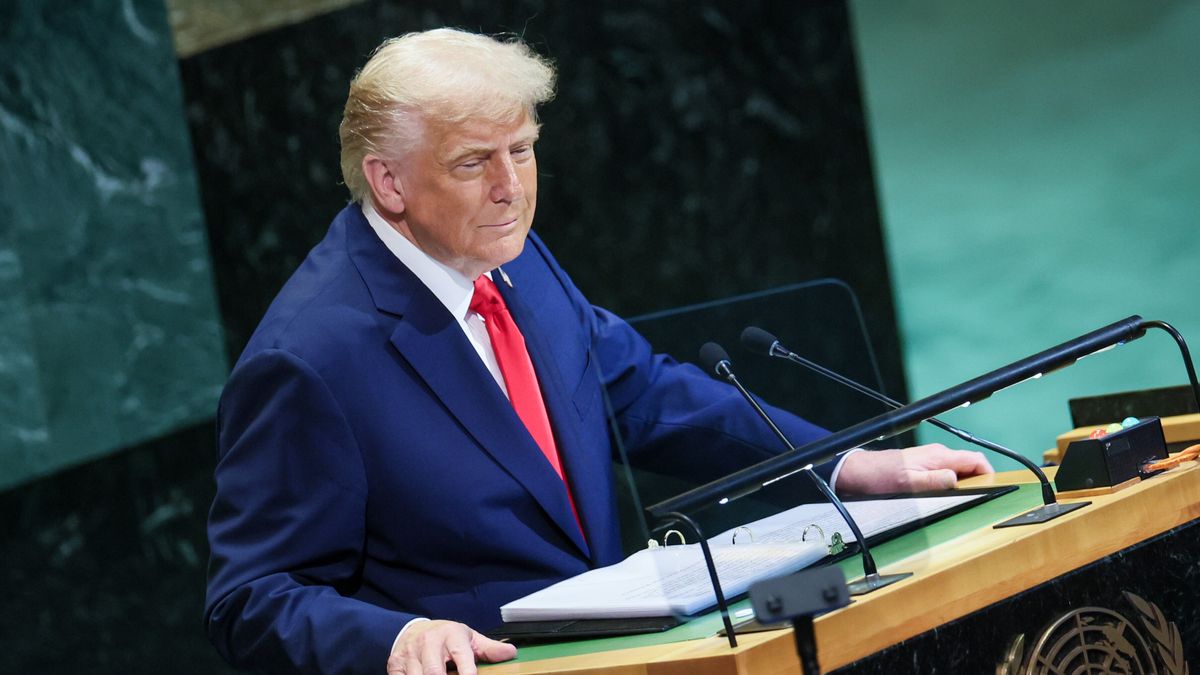 Nowy Jork, USA, 23.09.2025. Prezydent USA Donald Trump przemawia podczas debaty generalnej 80. Sesji Zgromadzenia Ogólnego ONZ w Nowym Jorku, 23 bm. (mr) PAP/Leszek Szymański