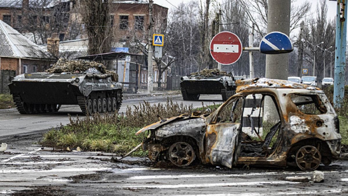 BAKHMUT, UKRAINE - NOVEMBER 23: A damaged vehicle and tanks are seen on the road as military mobility proceeds in Bakhmut where the war against Russia continues, located Donetsk Oblast, Ukraine on November 23, 2022. (Photo by Metin Aktas/Anadolu Agency via Getty Images)
Anadolu Agency