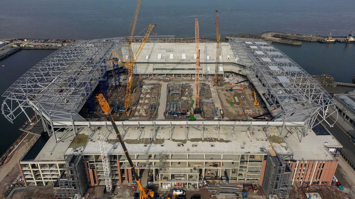 Views Of New Everton Stadium Under ConstructionLIVERPOOL, ENGLAND - MAY 14: An aerial view as construction continues on the Everton Stadium at Bramley-Moore Dock on May 14, 2023 in Liverpool, England. The stadium, which will be the home of Everton Football Club, is due to be completed in 2024. (Photo by Michael Regan/Getty Images)Michael Regan