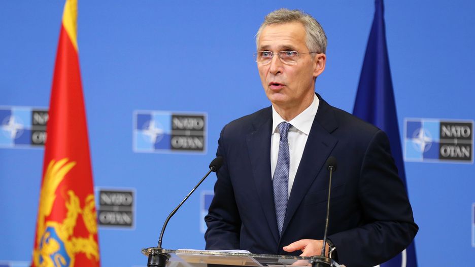 BRUSSELS, BELGIUM - DECEMBER 15: NATO Secretary General, Jens Stoltenberg and Prime Minister of Montenegro Zdravko Krivokapic (not seen) hold a joint press conference in Brussels, Belgium on December 15, 2020. (Photo by Dursun Aydemir/Anadolu Agency via Getty Images)