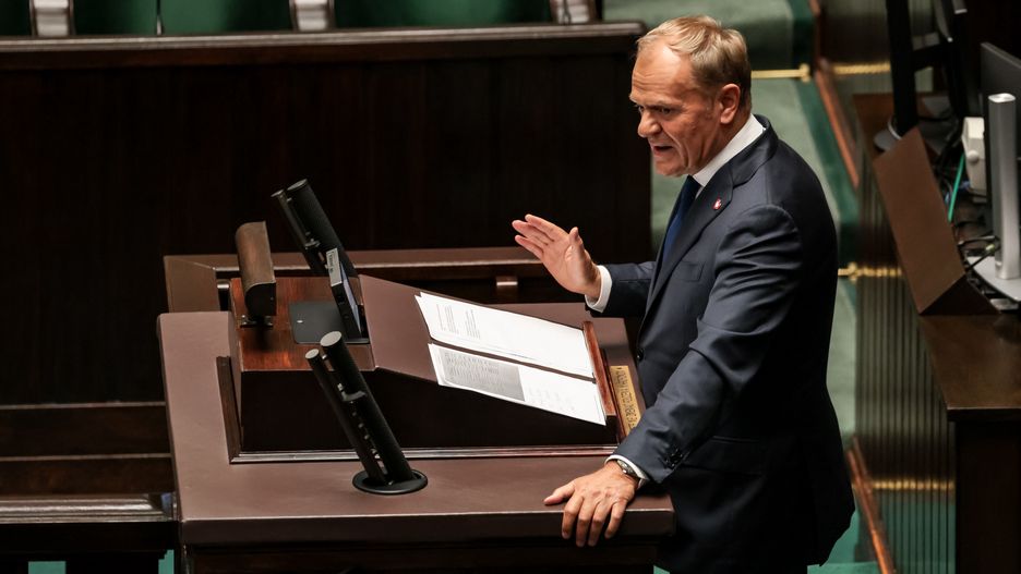 Prime Minister of Poland Donald Tusk speaks to MPs  during the plenary proceedings of vote of confidence for Polish government in Polish Parliament building after the coalition which holds power lost presidential election  at the beginning of June - Warsaw, capital of Poland on June 11, 2025. The government was granted the constitutional confidence and can continue the work. (Photo by Dominika Zarzycka/NurPhoto via Getty Images)