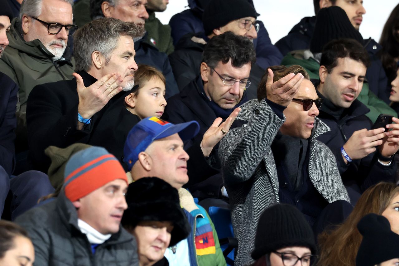 COMO, ITALY - NOVEMBER 24: Chris Pine and Benedict Cumberbatch attend the match between Como 1907 and Fiorentina at Giuseppe Sinigaglia Stadium on November 24, 2024 in Como, Italy. (Photo by Pietro S. D'Aprano/Getty Images for Como 1907)