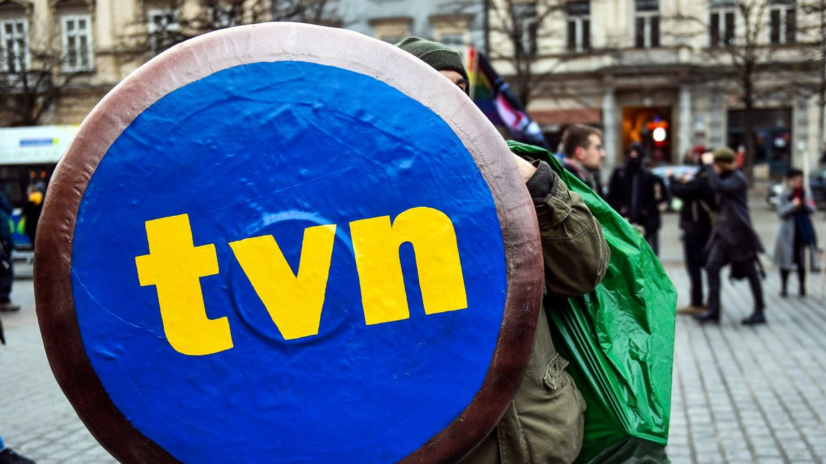 KRAKOW, POLAND - 2021/12/19: Logo of TVN television, part of the American Discovery network seen during the demonstration.
Protest in defense of free media after the adoption of the so-called Lex-TVN in the Sejm in the Polish Parliament, which forces the sale of TVN by the American owner. (Photo by Alex Bona/SOPA Images/LightRocket via Getty Images)