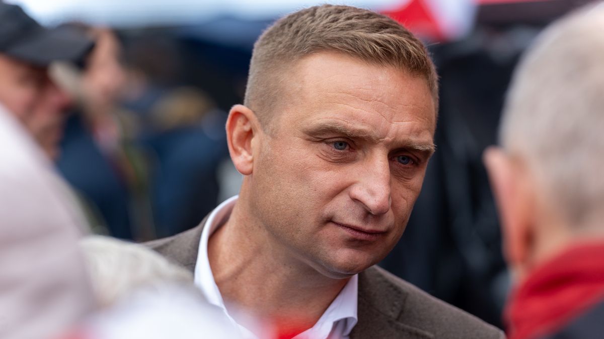 Robert Bakiewicz is seen during a demonstration 'Stop Illegal Migration, No To Mercosur' in Warsaw, Poland, on October 11, 2025. (Photo by Marek Antoni Iwanczuk/NurPhoto via Getty Images)