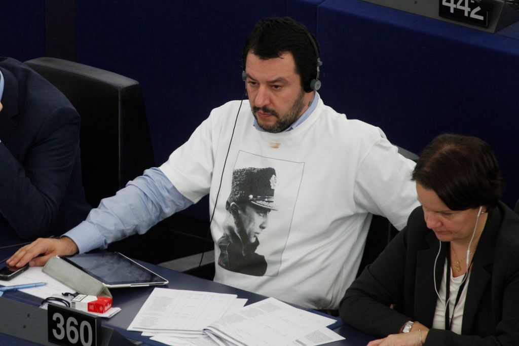 Lega Nord Leader wears Putin Tshirt in EU ParliamentSTRASBOURG, FRANCE - NOVEMBER 25: Matteo Salvini, Member of the EU Parliament of Right wing Italian Party Lega Nord, wears a T shirt picturing Russian Leader Vladimir Putin during a plenary session of the European Parliament on November 25, 2015 in Strasbourg, France. (Photo by Michele Tantussi/Getty Images)Michele Tantussi