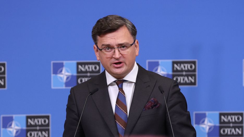 BRUSSELS, BELGIUM - NOVEMBER 15: Ukrainian Foreign Minister Dmirto Kuleba and NATO Secretary General Jens Stoltenberg (not seen) hold a joint press conference in Brussels, Belgium on November 15, 2021. (Photo by Dursun Aydemir/Anadolu Agency via Getty Images)
