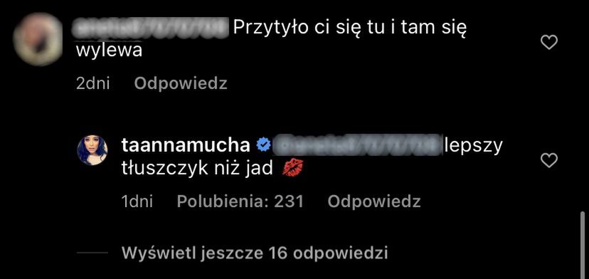 Anna Mucha odpowiada internautce na przytyk