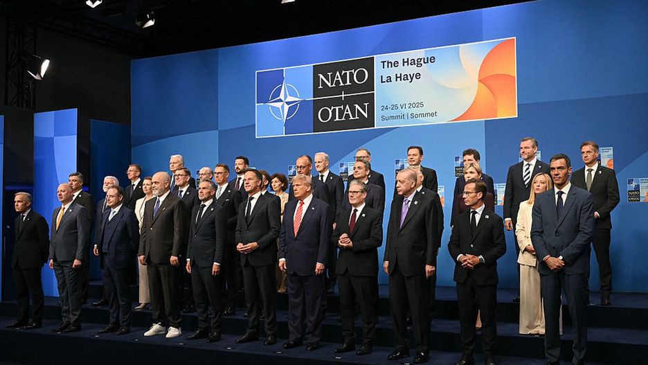 NATO Leaders Attend 2025 Summit In The Hague
THE HAGUE, NETHERLANDS - JUNE 25: (Front row from 5L) Netherlands' Prime Minister Dick Schoof, NATO Secretary General Mark Rutte, U.S. President Donald Trump, Britain's Prime Minister Keir Starmer and Turkey's President Recep Tayyip Erdogan pose with NATO country leaders for a family photo during the North Atlantic Treaty Organization (NATO) Heads of State and Government summit on June 25, 2025 in The Hague, Netherlands. This year's NATO summit, which brings together heads of state and government from across the military alliance, is being held in the Netherlands for the first time. Among other matters, members are to approve a new defense investment plan that raises target for defense spending to 5% of GDP. (Photo by Ben Stansall - Pool/Getty Images)
Pool