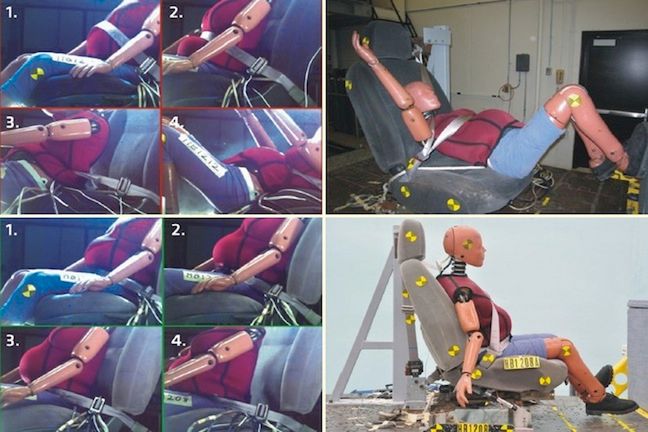 Zdjęcia górne pokazują zachowanie kobiety w ciąży gdy pas jest nieprawidłowo zapięty. Na dole kobieta zapięta w pas prawidłowo i z adapterem. • fot. BeSafe